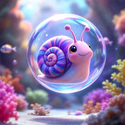 Primary subject: A cartoon-like purple and blue striped snail.

Setting/background: The snail is floating in a bubble, which is placed on a colorful background featuring a variety of fish.

Visual style: The image is a digital art or illustration, showcasing a whimsical and playful scene.

Colors and mood: The dominant colors are purple, blue, and pink, creating a cheerful and lighthearted atmosphere.